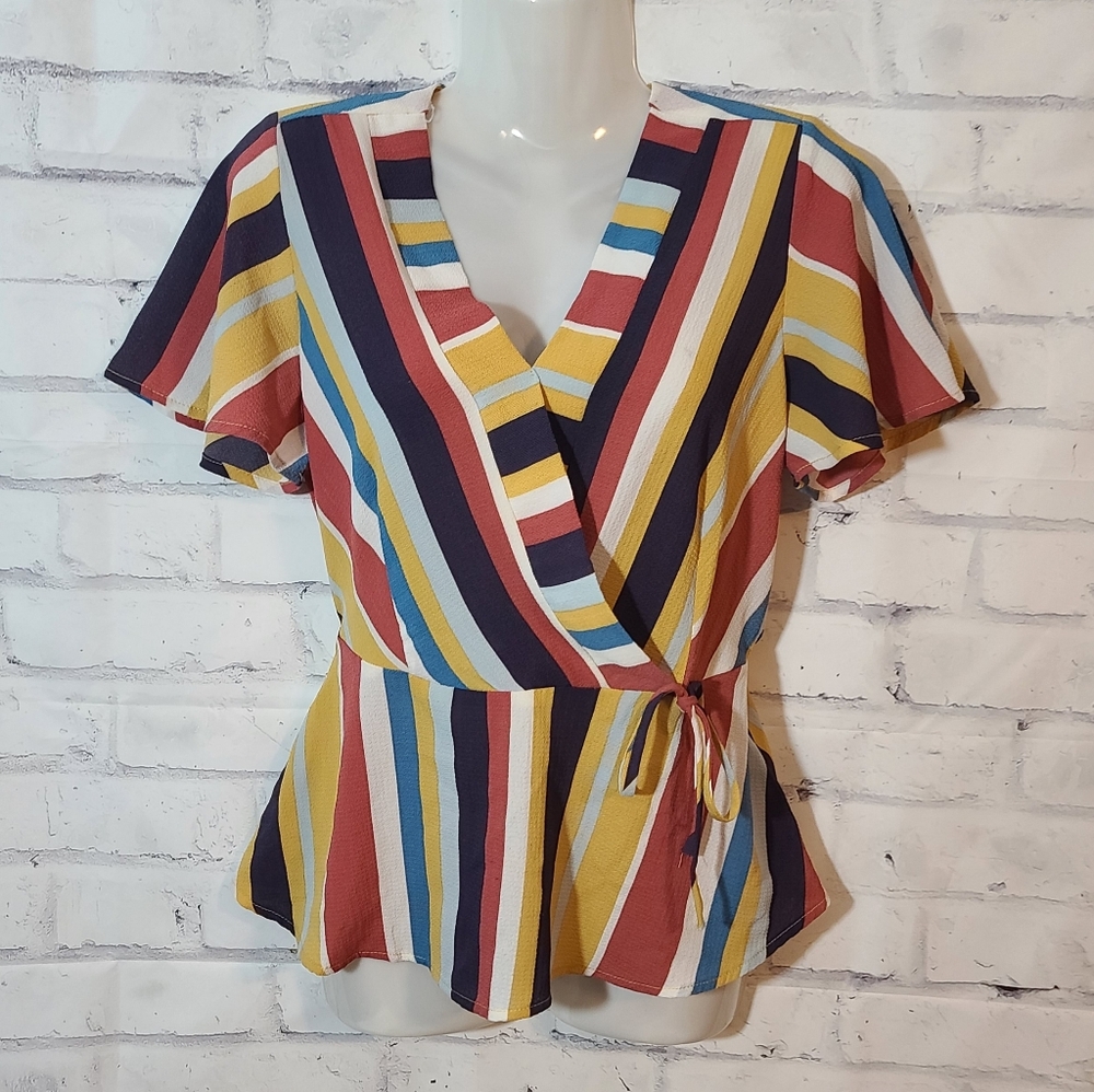 Monteau Peplum Multi-stripe Wrap Top